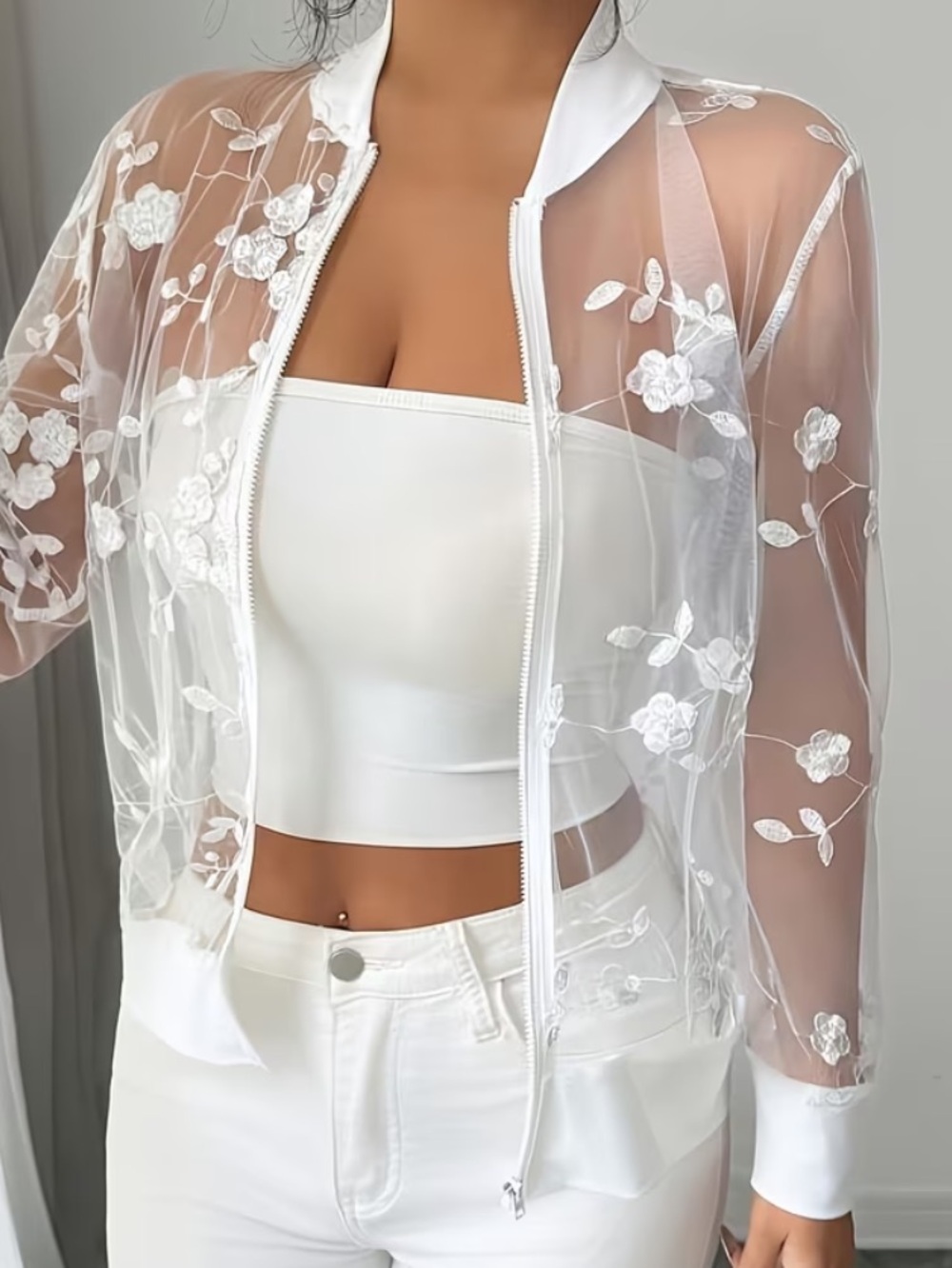 SHEER  White Floral Embroidered  Zip Up Cover Up Wedding Jacket XL NIB